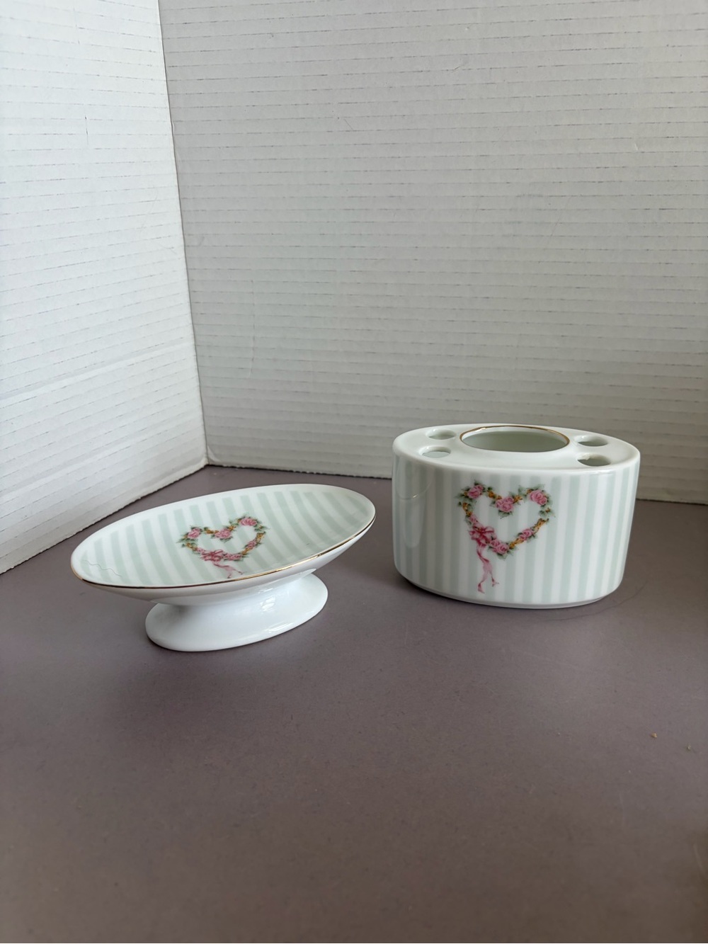 Otagiri Porcelain Heart Floral Vanity Dish and Brush Holder